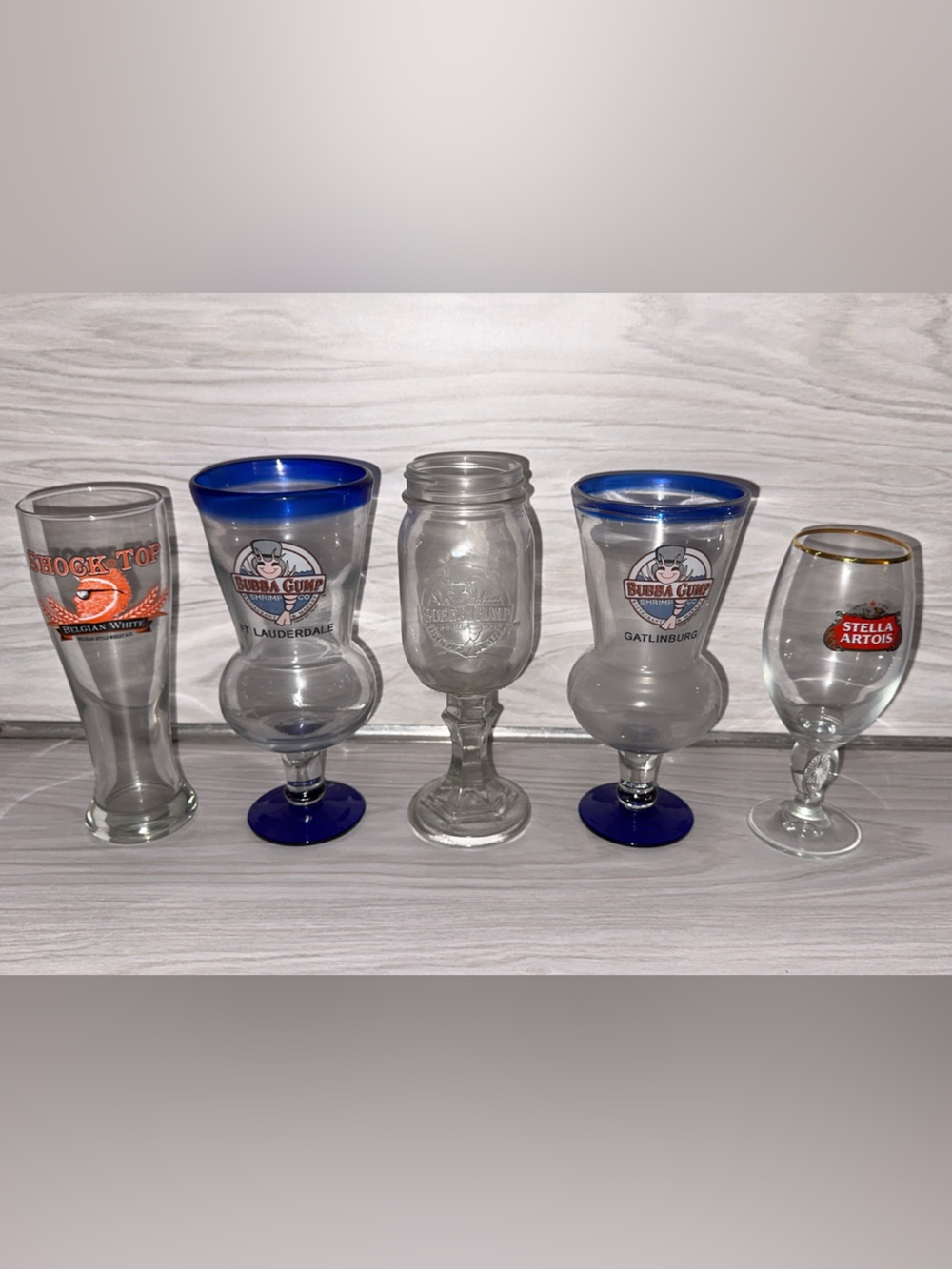 5 Count Assorted Glass Cups Bubba Gump Shock Top Stella Artois Kona Hawaii